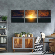 Load image into Gallery viewer, beautiful  ocean  canvas  wall  art  blue  sky  ocean  triptych  canvas  print  dramatic  clouds  yellow  sunset  seascape  3  piece  canvas For Living Room
