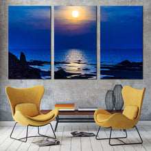 Load image into Gallery viewer, beautiful ocean canvas wall art yellow sunset ocean beach canvas set blue sky ocean 3 piece canvas print In Living Room
