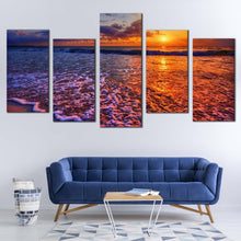 Load image into Gallery viewer, beautiful sea canvas print blue ocean waves 5 piece canvas wall art orange sunset sky ocean multi canvas artwork In Living Room
