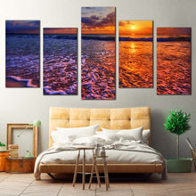 Load image into Gallery viewer, beautiful sea canvas print blue ocean waves 5 piece canvas wall art orange sunset sky ocean multi canvas artwork For Bedroom
