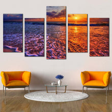 Load image into Gallery viewer, beautiful sea canvas print blue ocean waves 5 piece canvas wall art orange sunset sky ocean multi canvas artwork For Living room
