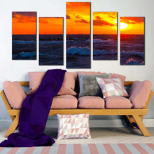 Load image into Gallery viewer, beautiful sea canvas wall art blue ocean waves 5 piece multiple canvas red clouds ocean seascape canvas print In Living Room
