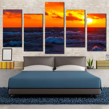 Load image into Gallery viewer, beautiful sea canvas wall art blue ocean waves 5 piece multiple canvas red clouds ocean seascape canvas print For Your Bedroom
