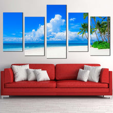 Load image into Gallery viewer, beautiful sea canvas wall art green trees cloudy ocean 5 piece canvas blue ocean sky canvas print In Living room
