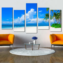 Load image into Gallery viewer, beautiful sea canvas wall art green trees cloudy ocean 5 piece canvas blue ocean sky canvas print For Living Room
