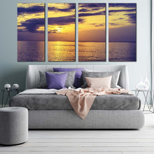 Load image into Gallery viewer, beautiful seascape canvas wall art blue clouds calm sea 4 piece multi canvas yellow sky ocean canvas print In Bedroom
