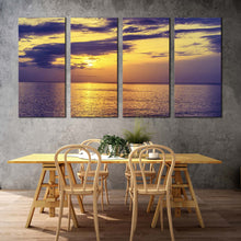 Load image into Gallery viewer, beautiful seascape canvas wall art blue clouds calm sea 4 piece multi canvas yellow sky ocean canvas print In Dining Room
