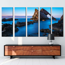 Load image into Gallery viewer, beautiful seascape canvas wall art blue sky ocean rocks 5 piece canvas print brown bow fiddle multi canvas artwork
