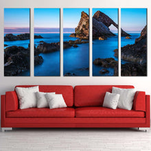 Load image into Gallery viewer, beautiful seascape canvas wall art blue sky ocean rocks 5 piece canvas print brown bow fiddle multi canvas artwork For Living room
