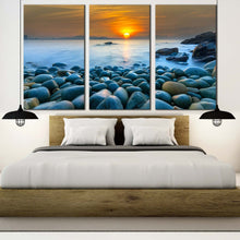 Load image into Gallery viewer, beautiful sunrise canvas print vietnam orange ocean sky 3 piece canvas wall art quy nhon bay stony beach canvas set blue ocean rocks multi canvas For Bedroom
