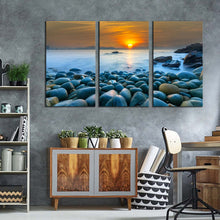 Load image into Gallery viewer, beautiful sunrise canvas print vietnam orange ocean sky 3 piece canvas wall art quy nhon bay stony beach canvas set blue ocean rocks multi canvas
