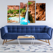 Load image into Gallery viewer, beautiful waterfall canvas print arizona blue havasu waterfall 4 piece canvas wall art grand canyon brown rock waterfall multiple canvas for living room
