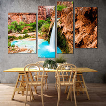 Load image into Gallery viewer, beautiful waterfall canvas print arizona blue havasu waterfall 4 piece canvas wall art grand canyon brown rock waterfall multiple canvas for your living room 
