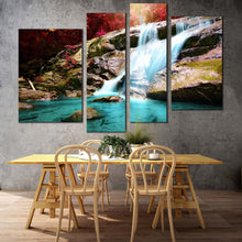 Load image into Gallery viewer, beautiful waterfall canvas wall art amazing red autumn forest multiple canvas blue waterfall scenery 4 piece canvas print for living room
