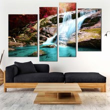 Load image into Gallery viewer, beautiful waterfall canvas wall art amazing red autumn forest multiple canvas blue waterfall scenery 4 piece canvas print in living room
