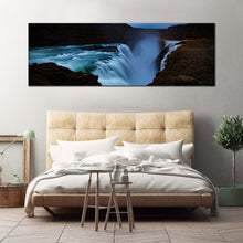 Load image into Gallery viewer, beautiful  waterfall  canvas  wall  art  blue  gullfoss  waterfall  iceland  canvas  artwork  green  hvita  river  panoramic  canvas  print In Bedroom
