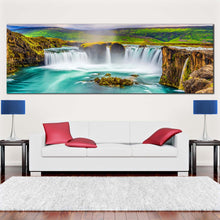 Load image into Gallery viewer, beautiful  waterfall  canvas  wall  art  colorful  godafoss  waterfall  iceland  canvas  print  sea  green  skjalfandafljot  river  waterfall  panoramic  canvas  artwork In Living Room
