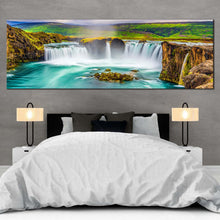 Load image into Gallery viewer, beautiful  waterfall  canvas  wall  art  colorful  godafoss  waterfall  iceland  canvas  print  sea  green  skjalfandafljot  river  waterfall  panoramic  canvas  artwork In Bedroom
