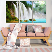 Load image into Gallery viewer, beautiful waterfall canvas wall art green trees forest waterfall 3 piece canvas print amazing blue water scenery multiple canvas In Living Room
