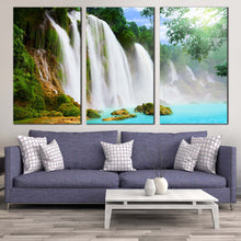 Load image into Gallery viewer, beautiful waterfall canvas wall art green trees forest waterfall 3 piece canvas print amazing blue water scenery multiple canvas For Living Room
