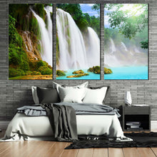 Load image into Gallery viewer, beautiful waterfall canvas wall art green trees forest waterfall 3 piece canvas print amazing blue water scenery multiple canvas For Bedroom
