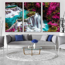 Load image into Gallery viewer, beautiful waterfall canvas wall art kanchanabur colorful scenery waterfall multi canvas thailand huai mae khamin canvas 3 piece canvas set For Living Room
