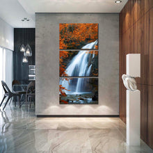 Load image into Gallery viewer, beautiful  waterfall  canvas  wall  art  orange  autumn  trees  waterfall  multiple  canvas  fluid  white  waterfall  forest  scenery  3  piece  canvas  print In Living Room
