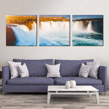 Load image into Gallery viewer, beautiful  waterfall  canvas  wall  art  yellow  godafoss  cascade  landscape  waterfall  canvas  print  europe  blue  waterfall  bardardalur  valley  3  piece  canvas  set For Living Room
