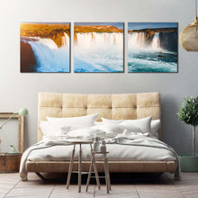 Load image into Gallery viewer, beautiful  waterfall  canvas  wall  art  yellow  godafoss  cascade  landscape  waterfall  canvas  print  europe  blue  waterfall  bardardalur  valley  3  piece  canvas  set For Bedroom
