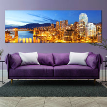 Load image into Gallery viewer, beautiful  Vancouver  city  canal  at  night  panoramic  wall  art In Living Room
