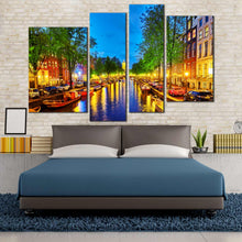 Load image into Gallery viewer, beautiful amsterdam city canal at night 4 panel wall art 
