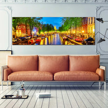 Load image into Gallery viewer, beautiful  amsterdam  city  canal  at  night  panoramic  wall  art In Living Room
