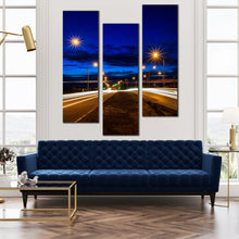 Load image into Gallery viewer, beautiful  busy  city  traffic  car  light  trail  through  twilight  triptych  canvas  print For Living Room
