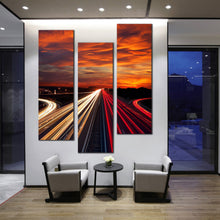 Load image into Gallery viewer, beautiful  busy  city  traffic  car  light  trail  through  twilight  triptych  canvas  print For Living Room
