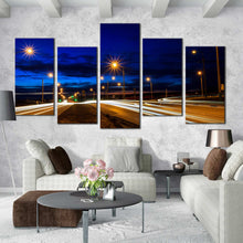 Load image into Gallery viewer, beautiful car light trail through twilight city roads 5 piece canvas artwork For Living Room
