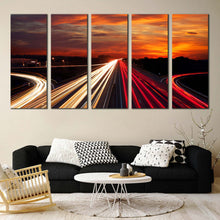 Load image into Gallery viewer, beautiful car light trail through twilight city roads 5 piece canvas artwork For Living Room
