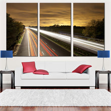 Load image into Gallery viewer, beautiful motorway bridge traffic lights trail at Cloudy Sky Triptych canvas print For Living Room

