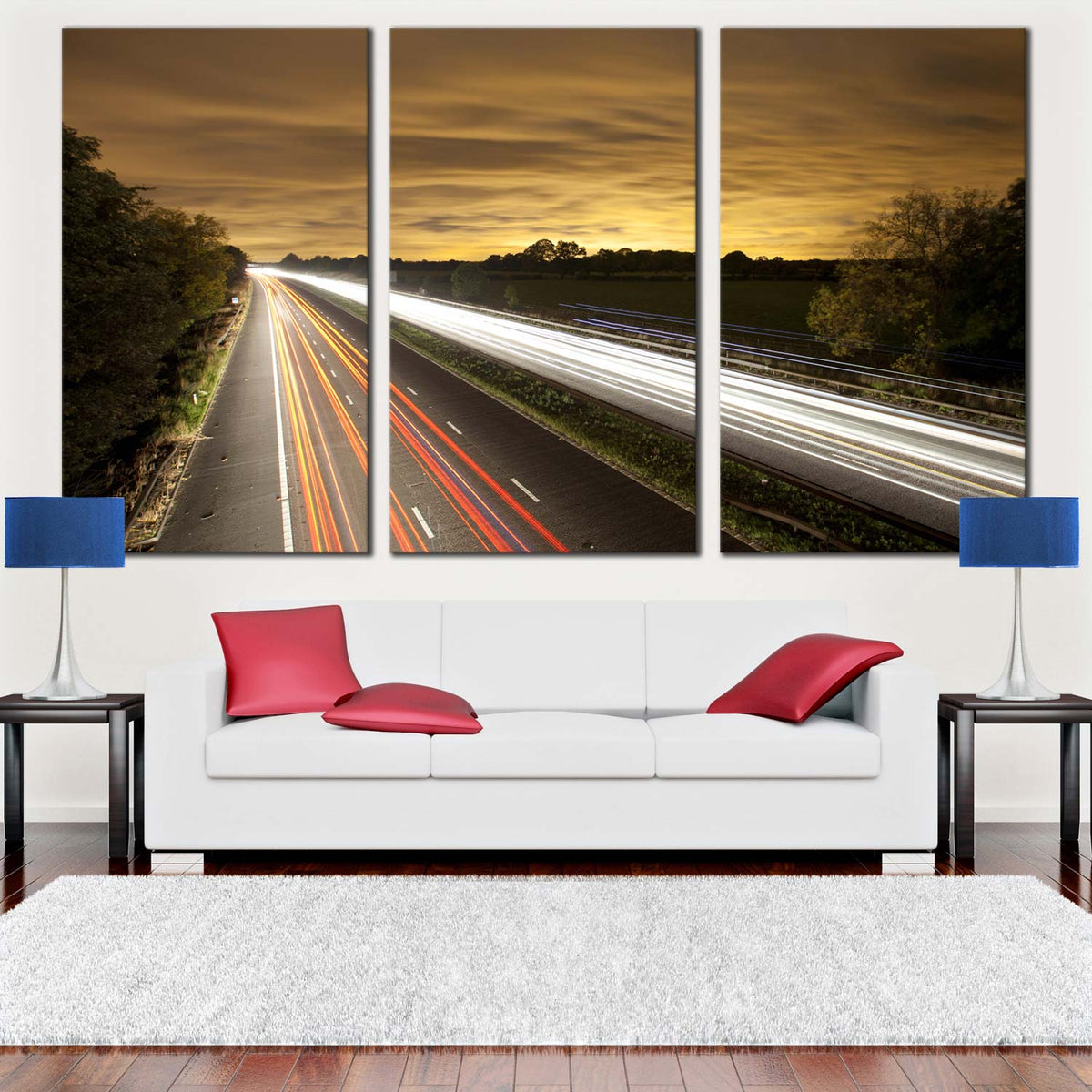 Light Trail Canvas Print, White Highway Traffic Lights Trail 3 Piece C ...