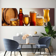 Load image into Gallery viewer, beer  barrel  canvas  wall  art  beer  on  brown  wooden  table  canvas  print  yellow  orange  beer  glasses  1  piece  canvas In Living Room
