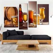 Load image into Gallery viewer, beer bottles canvas print yellow orange beer glasses 4 piece canvas wall art brown beer barrel canvas set in living room
