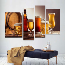 Load image into Gallery viewer, beer bottles canvas print yellow orange beer glasses 4 piece canvas wall art brown beer barrel canvas set
