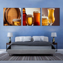 Load image into Gallery viewer, beer  glasses  canvas  wall  art  brown  beer  barrel  multi  canvas  artwork  yellow  beer  on  wooden  table  3  piece  canvas  print In Bedroom
