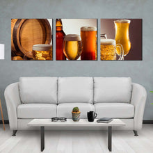 Load image into Gallery viewer, beer  glasses  canvas  wall  art  brown  beer  barrel  multi  canvas  artwork  yellow  beer  on  wooden  table  3  piece  canvas  print For Living Room
