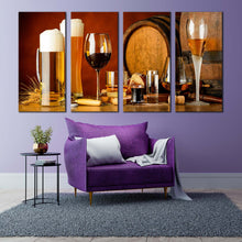 Load image into Gallery viewer, beer glasses canvas wall art orange cocktail glasses 4 piece multi canvas brown beer barrels canvas print In Living Room
