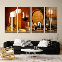 Load image into Gallery viewer, beer glasses canvas wall art orange cocktail glasses 4 piece multi canvas brown beer barrels canvas print For Living room
