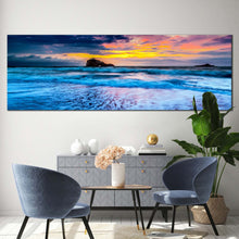 Load image into Gallery viewer, biarritz  ocean  canvas  wall  art  blue  ocean  waves  wide  canvas  cloudy  yellow  sky  ocean  1  piece  canvas  print In Living Room
