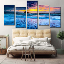 Load image into Gallery viewer, biarritz seascape canvas wall art yellow cloudy sky ocean canvas print blue ocean waves sea 5 piece multi canvas For Bedroom
