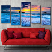 Load image into Gallery viewer, biarritz seascape canvas wall art yellow cloudy sky ocean canvas print blue ocean waves sea 5 piece multi canvas For Your Living Room
