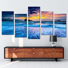 Load image into Gallery viewer, biarritz seascape canvas wall art yellow cloudy sky ocean canvas print blue ocean waves sea 5 piece multi canvas
