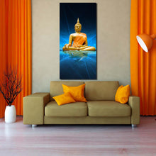 Load image into Gallery viewer, big  buddha  canvas  print  yellow  lord  buddha  1  piece  vertical  canvas  wall  art  blue  water  buddha  statue  canvas  artwork In Living Room
